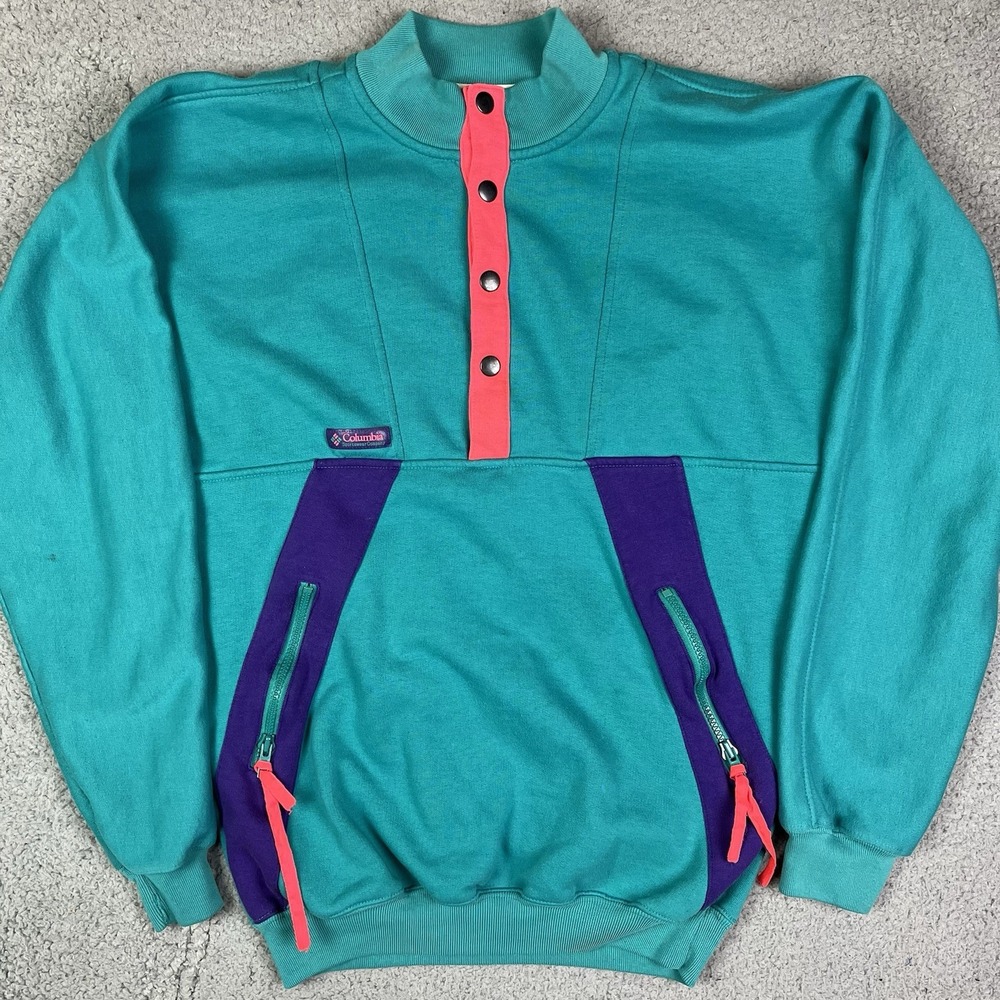 Vintage Columbia Turquoise Pink Purple Sweater Hiking Outdoors 1/4 Snap Button